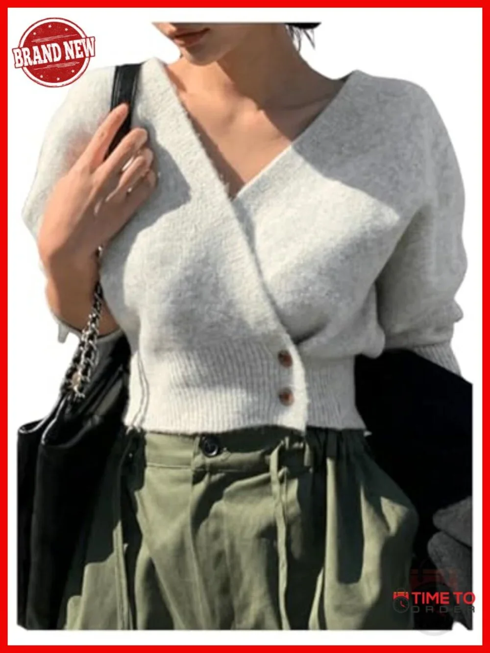 Women's Wrap V-Neck Button Front Crop Cardigan Long Sleeve Knit